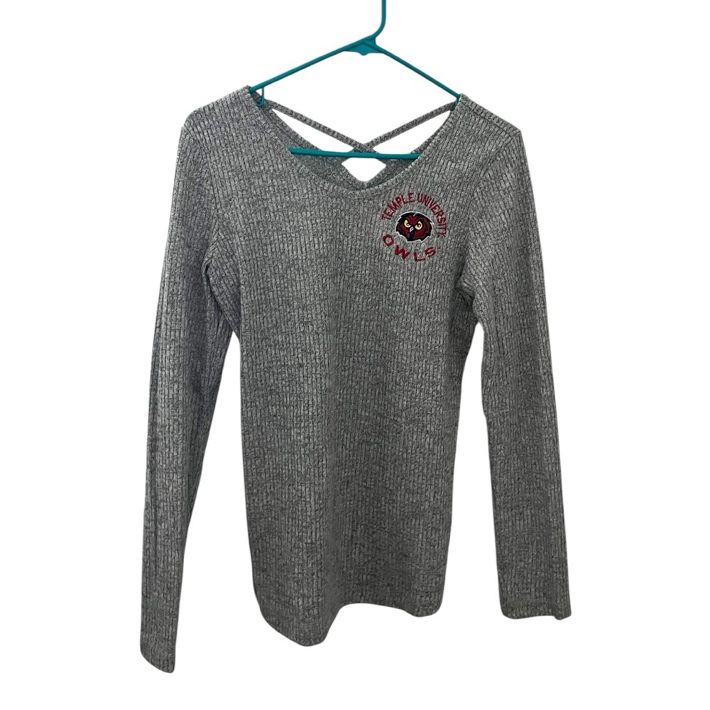 🔘BLUE 84: Women’s M, gray ribbed Temple University owls sweater w/criss-cross🔘